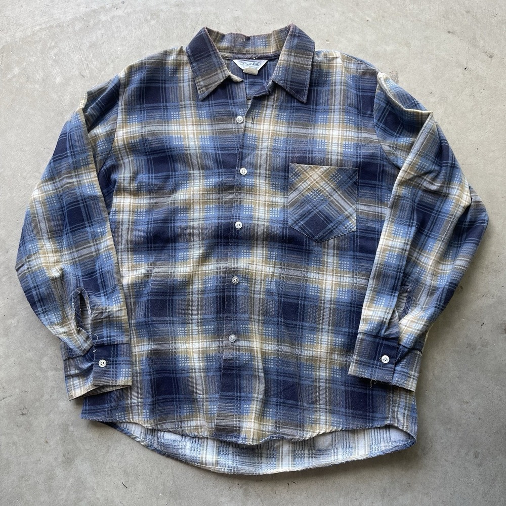 Vintage Prest Rite Men Flannel Shirt L Button Up Cotton Blend Shadow Plaid